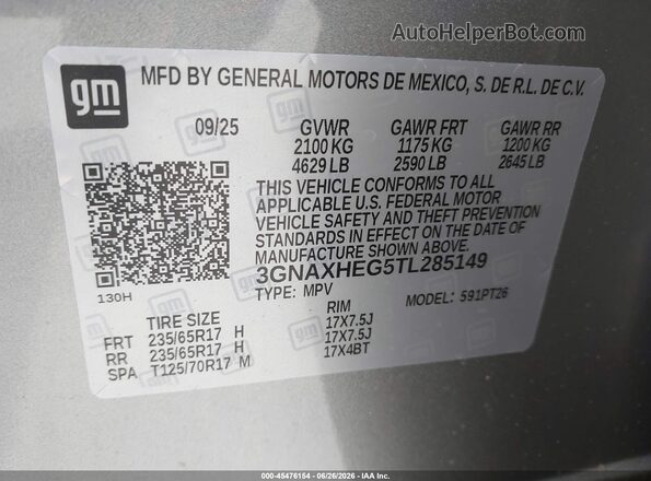 3GNAXHEG5TL285149 2026 CHEVROLET EQUINOX Gray Vista del compartimento del motor