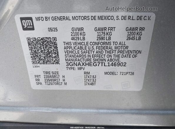 3GNAXHEG7TL146902 2026 CHEVROLET EQUINOX Gray ძრავის განყოფილების ხედი