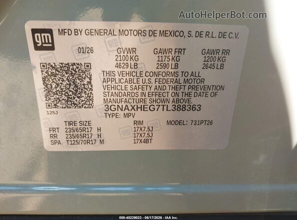3GNAXHEG7TL388363 2026 CHEVROLET EQUINOX Green Widok naklejki z numerem VIN