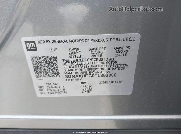 3GNAXHEG9TL353386 2026 CHEVROLET EQUINOX Gray Вид підкапотного простору