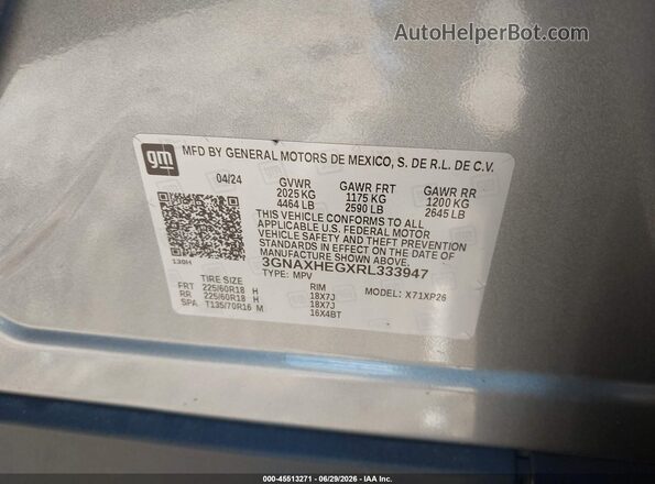 3GNAXHEGXRL333947 2024 CHEVROLET EQUINOX Silver Vista del compartimento del motor