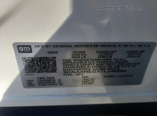 3GNAXHEGXTL246668 2026 CHEVROLET EQUINOX White Vista de la etiqueta del VIN