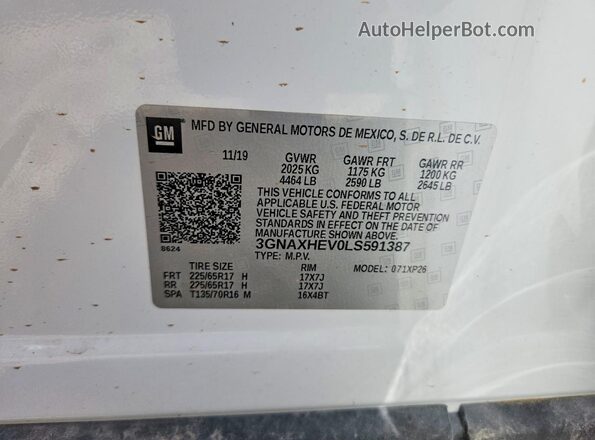 3GNAXHEV0LS591387 2020 CHEVROLET EQUINOX Белый 
