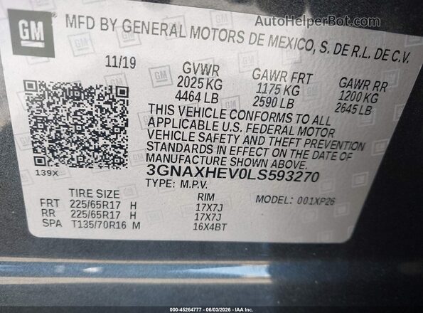 3GNAXHEV0LS593270 2020 CHEVROLET EQUINOX Gray Вид підкапотного простору