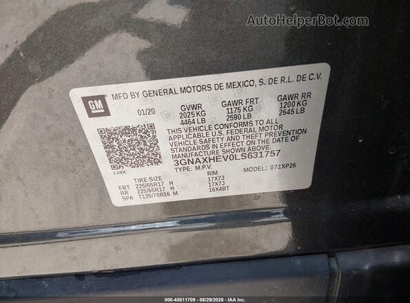 3GNAXHEV0LS631757 2020 CHEVROLET EQUINOX Серый Вид подкапотного пространства