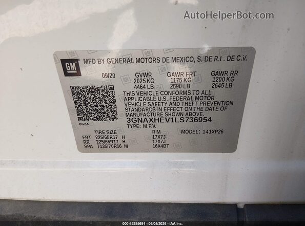 3GNAXHEV1LS736954 2020 CHEVROLET EQUINOX White Вид підкапотного простору