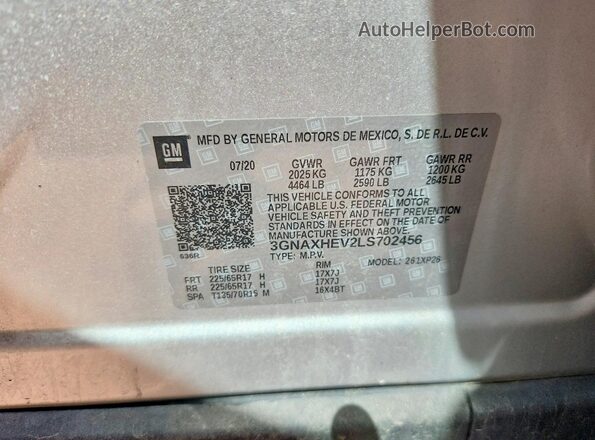 3GNAXHEV2LS702456 2020 CHEVROLET EQUINOX Gray Вид підкапотного простору