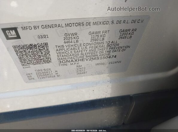 3GNAXHEV2MS150474 2021 CHEVROLET EQUINOX Silver Widok komory silnika