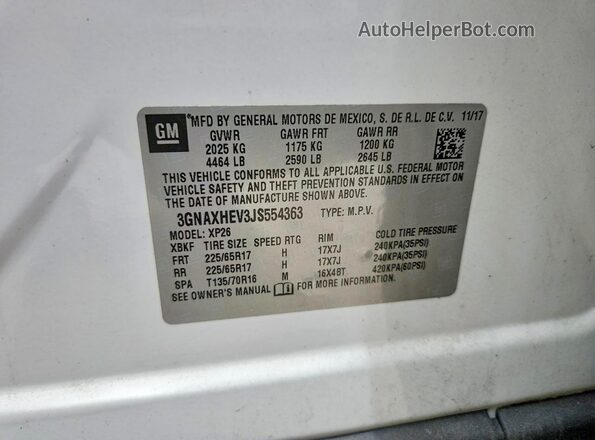 3GNAXHEV3JS554363 2018 CHEVROLET EQUINOX White VIN կոդի պիտակի տեսք