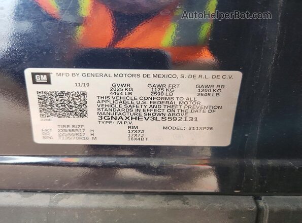 3GNAXHEV3LS592131 2020 CHEVROLET EQUINOX Blue Widok naklejki z numerem VIN