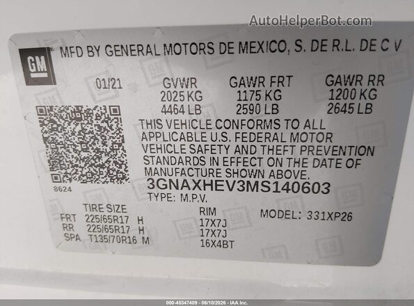 3GNAXHEV3MS140603 2021 CHEVROLET EQUINOX White Widok komory silnika