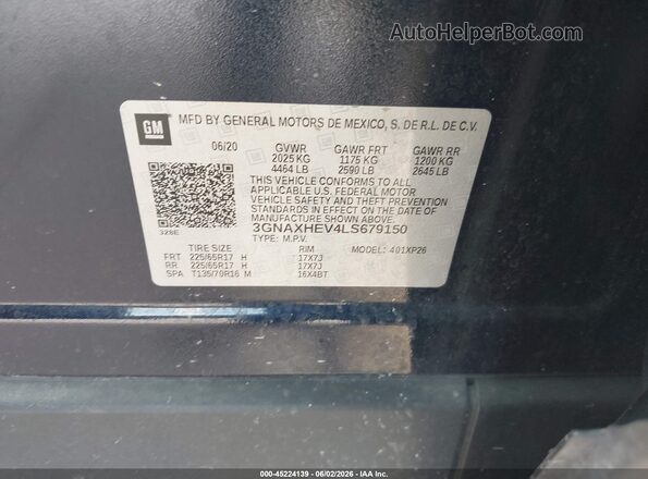 3GNAXHEV4LS679150 2020 CHEVROLET EQUINOX Blue Շարժիչի բաժամունքի տեսք