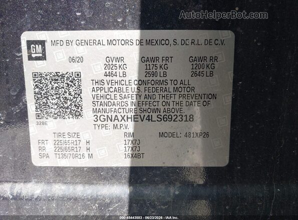 3GNAXHEV4LS692318 2020 CHEVROLET EQUINOX Blue Widok komory silnika