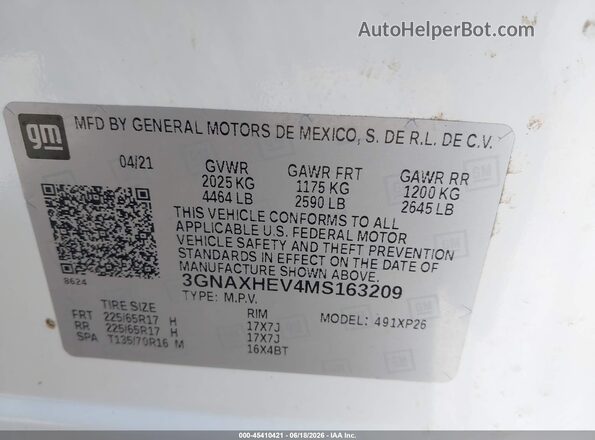 3GNAXHEV4MS163209 2021 CHEVROLET EQUINOX Белый Вид подкапотного пространства