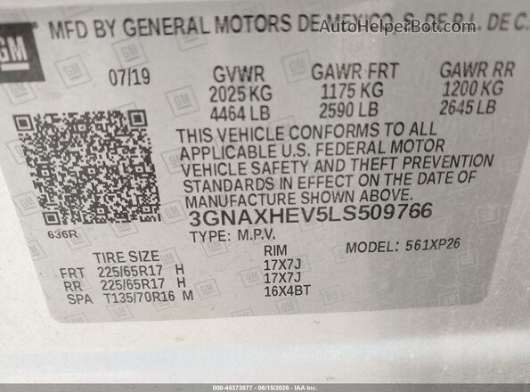 3GNAXHEV5LS509766 2020 CHEVROLET EQUINOX Silver Շարժիչի բաժամունքի տեսք