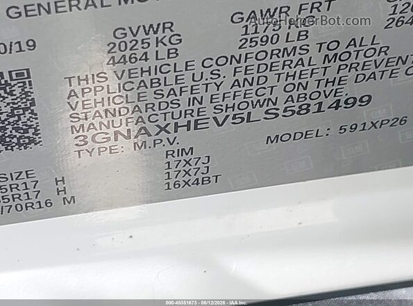 3GNAXHEV5LS581499 2020 CHEVROLET EQUINOX White Widok komory silnika