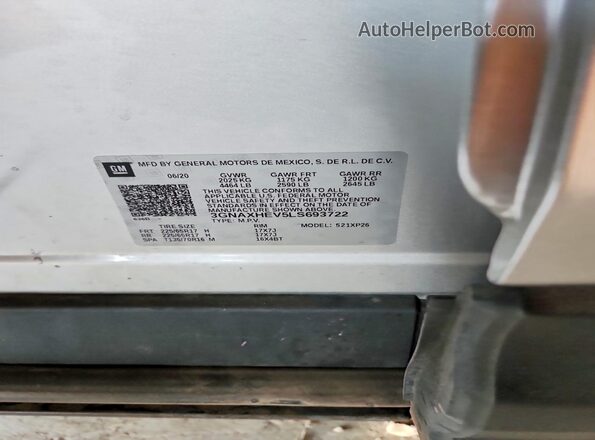 3GNAXHEV5LS693722 2020 CHEVROLET EQUINOX Silver VIN sticker view
