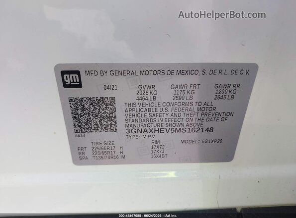 3GNAXHEV5MS162148 2021 CHEVROLET EQUINOX Белый Вид подкапотного пространства