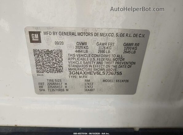 3GNAXHEV6LS736755 2020 CHEVROLET EQUINOX White Vista del compartimento del motor