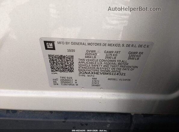 3GNAXHEV6MS114321 2021 CHEVROLET EQUINOX Silver Widok komory silnika