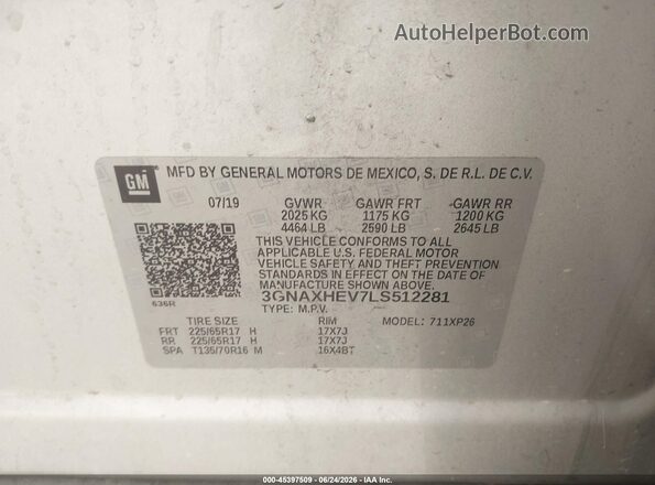 3GNAXHEV7LS512281 2020 CHEVROLET EQUINOX Silver Vista del compartimento del motor