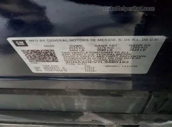 3GNAXHEV7LS680163 2020 CHEVROLET EQUINOX Blue Widok naklejki z numerem VIN