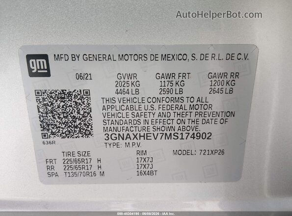 3GNAXHEV7MS174902 2021 CHEVROLET EQUINOX Silver Engine compartment view