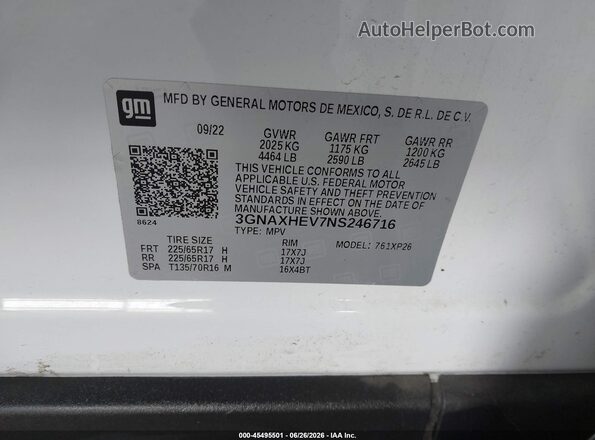 3GNAXHEV7NS246716 2022 CHEVROLET EQUINOX White Engine compartment view