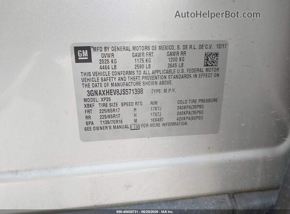 3GNAXHEV8JS571398 2018 CHEVROLET EQUINOX Silver Շարժիչի բաժամունքի տեսք