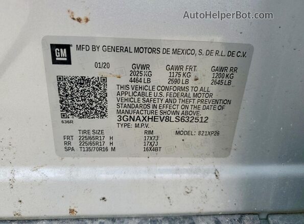 3GNAXHEV8LS632512 2020 CHEVROLET EQUINOX Silver VIN կոդի պիտակի տեսք