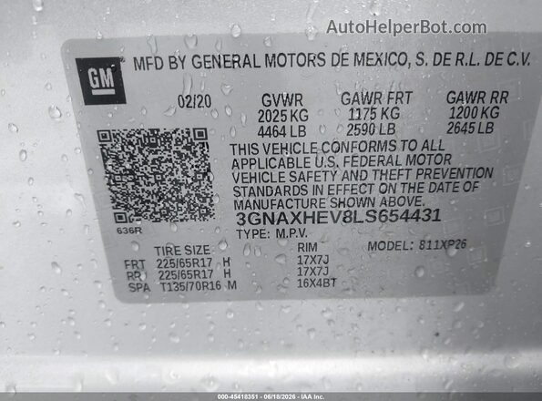 3GNAXHEV8LS654431 2020 CHEVROLET EQUINOX Silver Engine compartment view