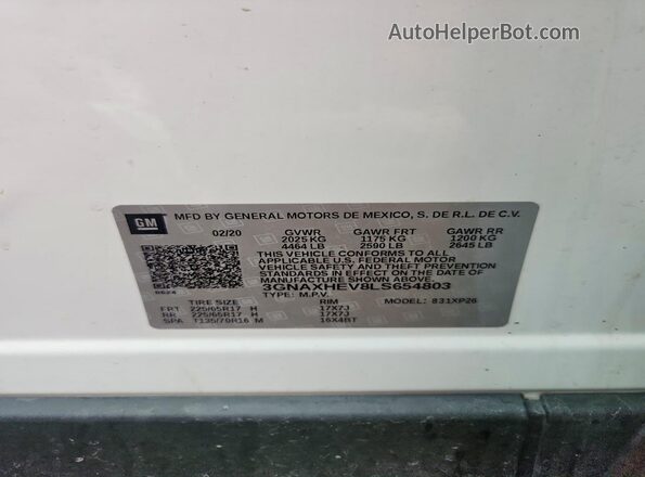 3GNAXHEV8LS654803 2020 CHEVROLET EQUINOX White 