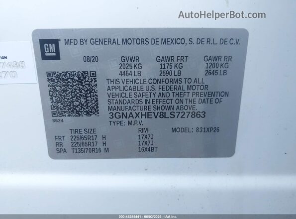 3GNAXHEV8LS727863 2020 CHEVROLET EQUINOX White Vista del compartimento del motor