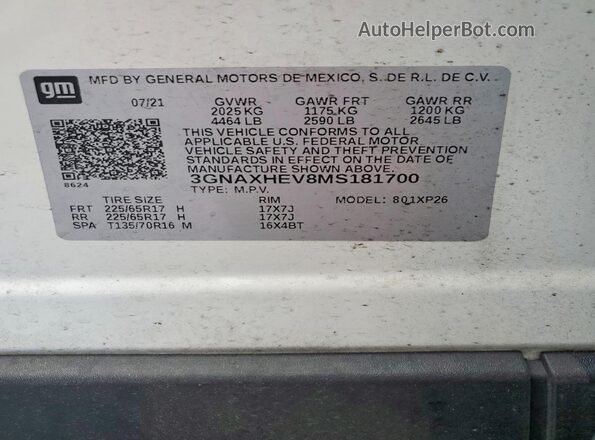 3GNAXHEV8MS181700 2021 CHEVROLET EQUINOX White VIN կոդի պիտակի տեսք