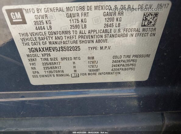 3GNAXHEV9JS502025 2018 CHEVROLET EQUINOX Dark Blue Widok komory silnika