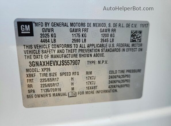3GNAXHEVXJS557907 2018 CHEVROLET EQUINOX White 