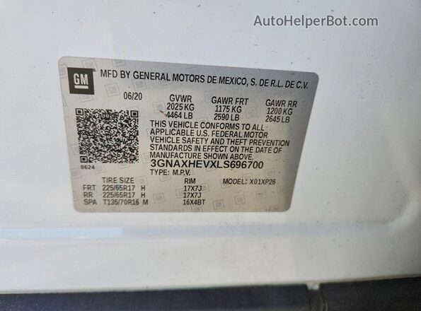3GNAXHEVXLS696700 2020 CHEVROLET EQUINOX Белый Вид наклейки с VIN-кодом