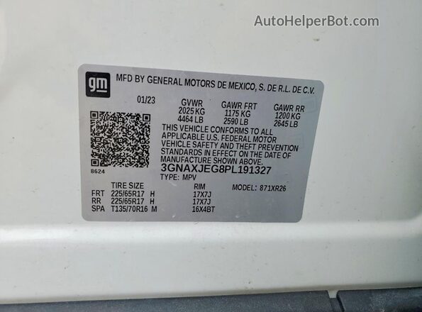 3GNAXJEG8PL191327 2023 CHEVROLET EQUINOX White Vista de la etiqueta del VIN