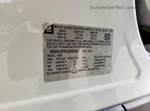 3GNAXJEV0JS566204 2018 CHEVROLET EQUINOX White Панорамний вид салону 360°