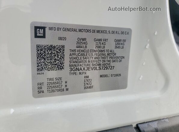 3GNAXJEV0LS729727 2020 CHEVROLET EQUINOX White VIN კოდის სტიკერის ხედი