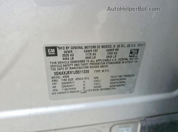 3GNAXJEV1JS511339 2018 CHEVROLET EQUINOX Silver VIN կոդի պիտակի տեսք