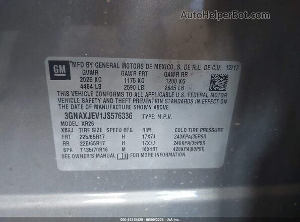 3GNAXJEV1JS576336 2018 CHEVROLET EQUINOX Gray Շարժիչի բաժամունքի տեսք