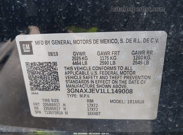 3GNAXJEV1LL149008 2020 CHEVROLET EQUINOX Black Widok komory silnika