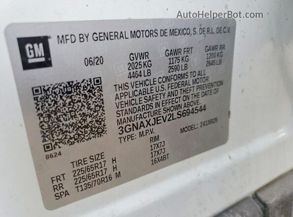 3GNAXJEV2LS694544 2020 CHEVROLET EQUINOX White Widok wnętrza 360 stopni
