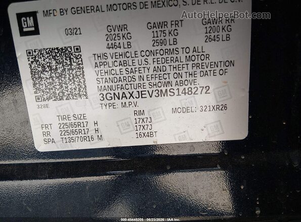 3GNAXJEV3MS148272 2021 CHEVROLET EQUINOX Black Engine compartment view