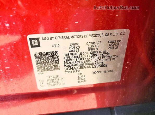 3GNAXJEV4KL335009 2019 CHEVROLET EQUINOX Red 