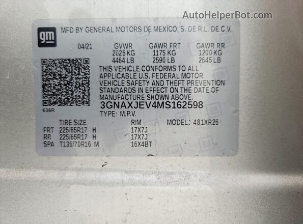 3GNAXJEV4MS162598 2021 CHEVROLET EQUINOX Silver Widok naklejki z numerem VIN