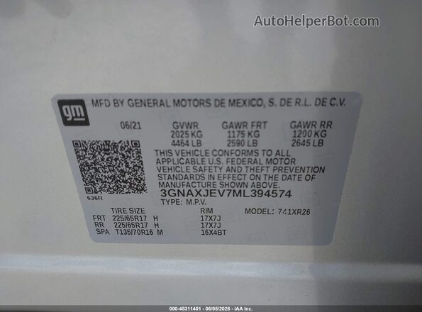 3GNAXJEV7ML394574 2021 CHEVROLET EQUINOX Silver Vista del compartimento del motor
