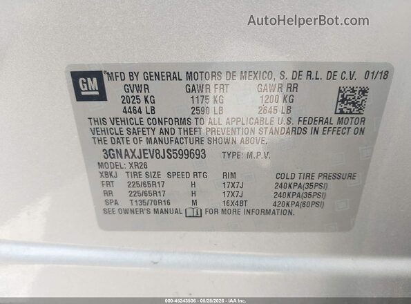 3GNAXJEV8JS599693 2018 CHEVROLET EQUINOX Серебряный 