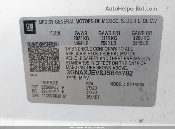 3GNAXJEV8JS645782 2018 CHEVROLET EQUINOX White Widok komory silnika